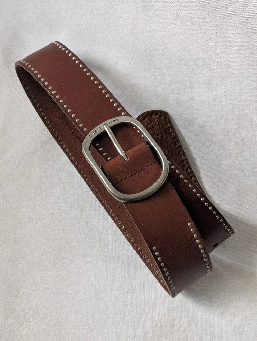 Calvin Klein Jeans Brown Genuine Leather Studded Wide Belt Curved Silver Buckle